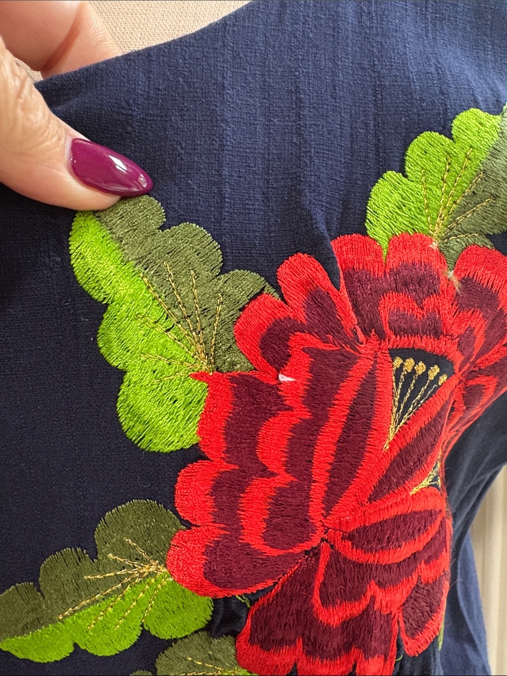 Navy bright red green Floral Embroidered Shift Dress cap sleeve zip back L / XL - Picture 3 of 9
